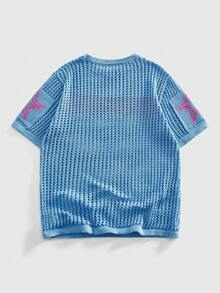 ROMWE MEN Street Life Men's Letter Print Round Neck Hollow Out Jacquard Street Style Short Sleeve Top - Blue - View 2