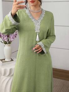 Al Najma Đầm maxi dài tay rộng rãi, thanh lịch, thêu họa tiết truyền thống Thổ Nhĩ Kỳ và Ả Rập dành cho phụ nữ. - màu xanh lá - Xem 4