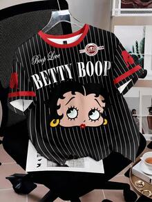 Attitoon Betty Boop x SHEIN 女士休闲简约圆领短袖宽松T恤 - 彩色 - 查看 3