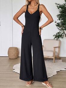 EMERY ROSE Women's Casual Vacation & Commute Solid Color Loose Wide Leg Jumpsuit - Black - View 5