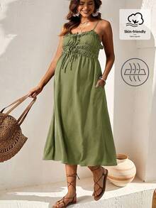 Boho Mama Maternity Solid Color Pleated Casual Summer Sleeveless Dress - Green - View 7