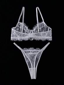 SHEIN 2pcs/Set Rose Red Lace Patchwork Lingerie Set, Mature & Sensual - White - View 2