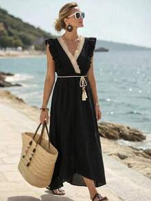 Faunlyn Women's Contrast Lace Cap Sleeve Dress Elegant Tropical Boho Black And Beige Maxi Dress With Ruffles For Summer Tropical Vacation Resort Wear Outfit - Black - View 1