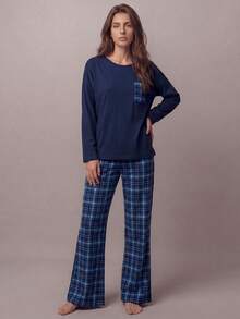 Bộ đồ ngủ cổ tròn họa tiết kẻ caro rộng rãi thoải mái cho nữ, trang phục mùa thu đông - Màu xanh lam - Xem 3