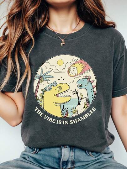 EMERY ROSE Womem's Dinosaur Graphic T-Shirt - Casual Short Sleeve Round Neck Top With Vibrant Dino Print, Breathable Relaxed Fit For Spring Summer & All-Season Wear, Machine Washable Holiday Gift