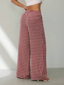 SHEIN PETITE 女士休闲日常格子抽绳腰裤 夏季春季情人节服装 嘉年华外出装扮 女士格子家居服裤 田园风裤 女士红色格子裤 夏季格子裤 红色方格裤 - 紅色 - 查看 3
