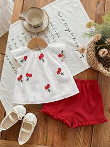 SHEIN LMoss Kids Newborn Baby Girl Floral Embroidery Pattern Short Sleeve Top And Green Shorts Set, Summer - Red - View 2