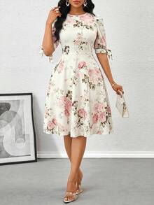 SHEIN Lady Women's Elegant Romantic Floral Print Waist Cinched Short Dress, Summer,Dresses For Women Summer Wedding Party Pink And White - Multicolor - View 3