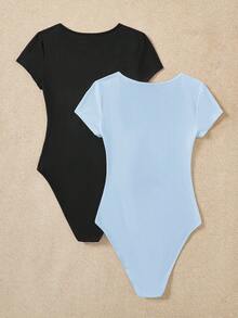 SHEIN EZwear 休閒極簡風女款兩件套圓領短袖修身連身衣 - 彩色 - 查看 2
