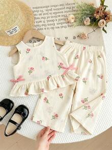 SHEIN LMoss Kids Baby Girl Floral Print Bow Decor Vest And Pants Set - Baby Pink - View 3