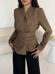 NOVVYNE Women Summer Autumn Elegant Office Blouse,Shades Of Brown Gathered Waist Long Sleeve V-Neck Blazer,Textured Woven A-Line Shirt,Work Outfits Chic Top - Khaki - View 4