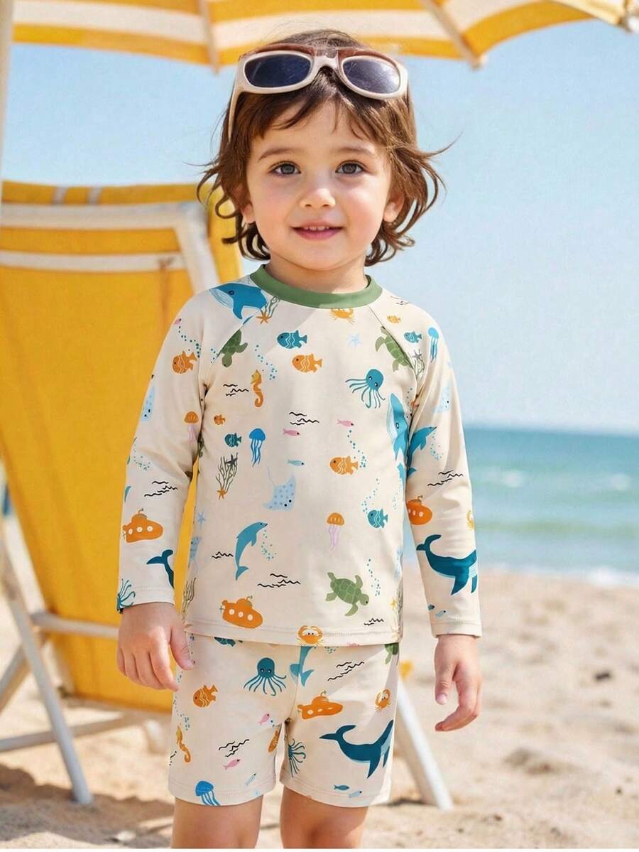 New Fashion Young Boy2 Pieces Swimsuit Set, Long Sleeve Top And Shorts, Digital Print Design - Multicolor - View 1