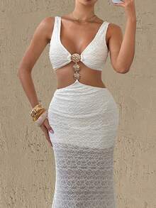 Bluhae Women's Vacation Metal Decor Hollow Out Sexy Dress, Suitable For Vacation, Festivals - Apricot - View 3