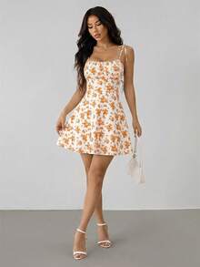 SHEIN PETITE Women's Summer Beach Vacation Floral Print Tie Shoulder Strap Dress - Yellow - View 3