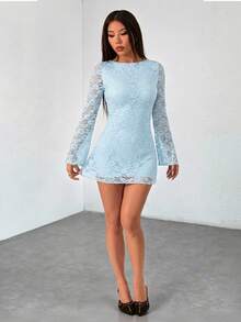 SHEIN PETITE Đầm nữ thanh lịch thêu ren phối nhiều lớp, thích hợp cho kỳ nghỉ và hẹn hò. - Màu xanh lam - Xem 3