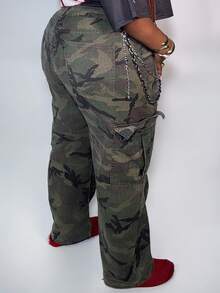 Truni Plus Size Camouflage Print Cargo Boyfriend Jeans, For Pear Triangle Body Shape - Army Green - View 5