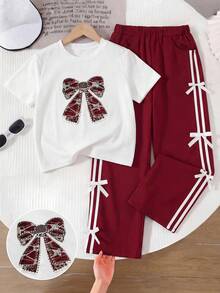 SHEIN 2pcs/Set Setelan Atasan Pita Rhinestone dan Celana Pita Bergaris untuk Anak Perempuan, Gaya Busana Jalanan - Burgundy - View 4