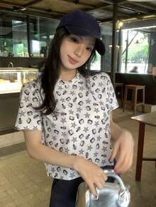 DAZY 女士全印花圆领休闲短袖T恤，夏季 - 灰色 - 查看 5