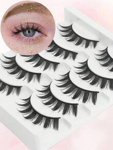 5Pairs Anime Cat Eye Fluffy Lashes European Style Multi Pair Set Reusable D Curl Extra Thick Professional Makeup For Cosplay Stage Dramatic Eye Look Easy Application For Beginners - Black - View 4