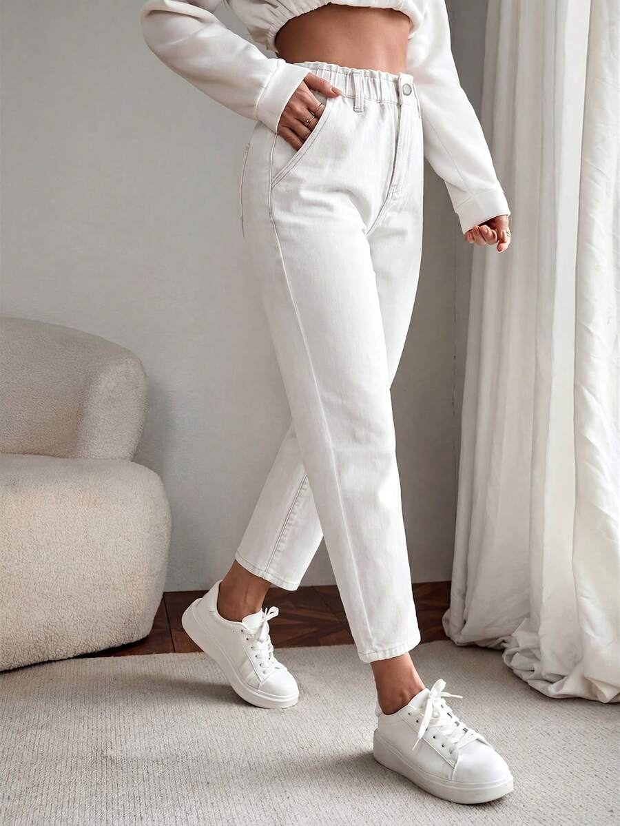 EMERY ROSE Women's Summer Paperbag Waist Straight Leg Jeans - White - View 1