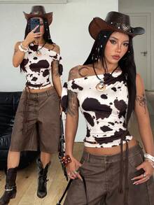 Coolane Tricou de vară pentru femei, stil streetwear, sexy, hippie, Y2k, tricotat, cu imprimeu de vacă, elastic, confortabil, cu bretele, cu umăr dezbrăcat - Multicolor - Vizualizare 7