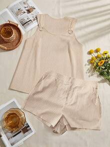 SHEIN VCAY Bộ đồ đi biển 2 mảnh dành cho nữ cỡ lớn, áo ba lỗ và quần short kẻ sọc xanh trắng. - Màu Khaki - Xem 7