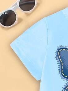 T-shirt court bleu de base imprimé papillon mignon et créatif, décontracté pour filles. Confortable pour le port quotidien, convient pour le printemps, l'été et l'automne - Prune - Voir 3