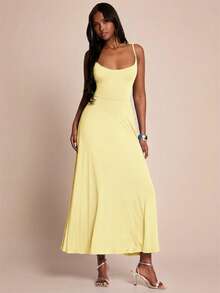 SHEIN BAE Damen blassgelbes elegantes minimalistisches ärmelloses figurbetontes langes Kleid für Sommer Brunch Gartenparty Picknick mit Rüschensaum in einfarbigem Blau Marine Urlaubskleidung - Gelb - Übersicht 3