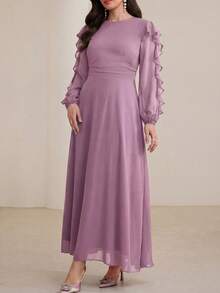 Modelyn Long Round Neck Ruffle Sleeve Black Dress - Purple - View 6