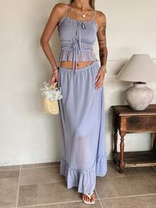 DAZY Frühling/Sommer Damen einfarbiges Rüschen-Knoten-Camisole-Top und Rock lässiges 2-teiliges Set - Khaki - Übersicht 6
