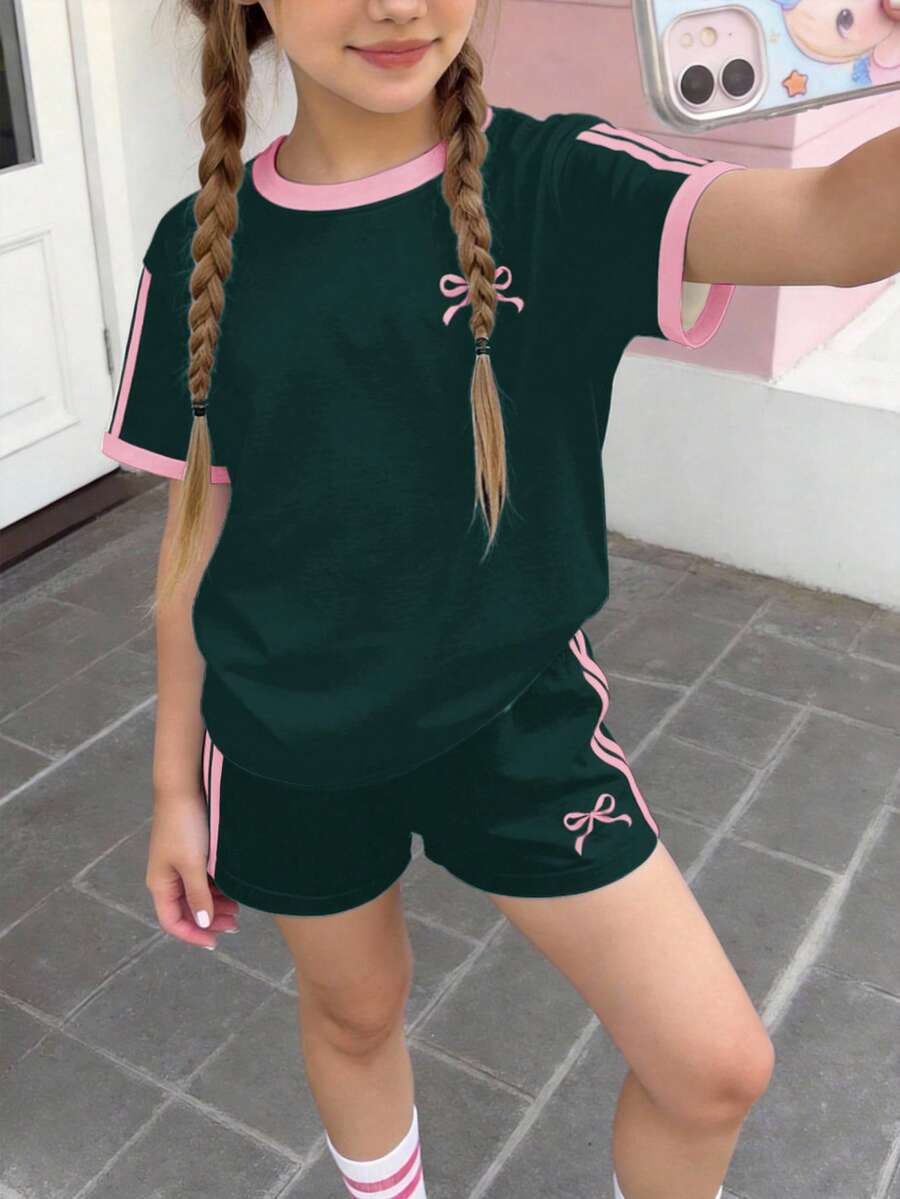 2pcs/Set Teens Girls' Cute Summer Bow Graphic Colorblock Striped Short Sleeve T-Shirt And Shorts Set,Casual Party Streetwear Vacation Outfits - Multicolor - View 1