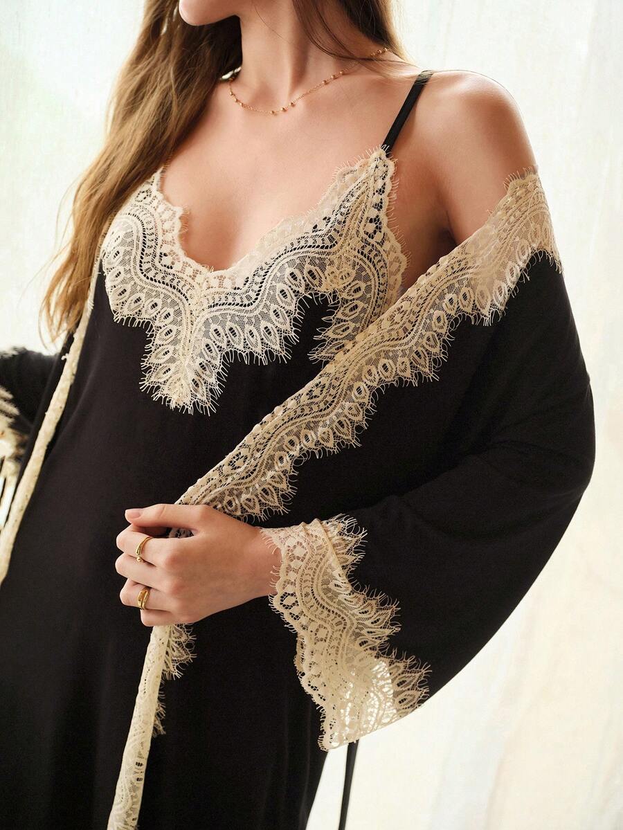 MOTF PREMIUM MID-SLEEVE CONTRAST COLOR LACE PATCHWORK BELTED ROBE - Black and White - View 1