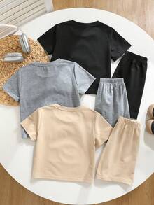 SHEIN 6件套儿童夏季休闲服，男童舒适字母卡通印花圆领短袖T恤、条纹T恤、装饰短裤2件套，高性价比套装，适合户外玩耍、街头摄影、派对、居家休闲等场合。 - 彩色 - 查看 2