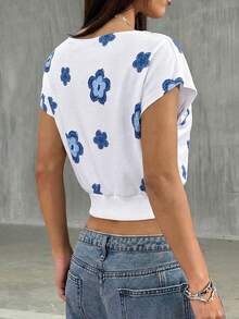 Selianne Women's Asymmetric Collar Solid Color Print Waist Cropped Casual Basic Top, Spring/Summer Golf White - Blue and White - View 2