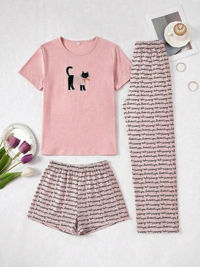 SHEIN Cotton Line Women Solid Casual Black Cat Printed Round Neck Short Sleeve Top& Written Printes Shorts And Pants 3 Pieces Set