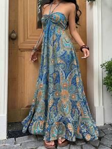 Sunnyshic Đầm nữ mùa hè đi biển in họa tiết Paisley, xếp ly, hở lưng, buộc dây. - Xanh đậm - Xem 3