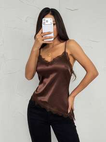 SHEIN PETITE 女士不对称下摆蕾丝拼接吊带背心，夏季 - 巧克力棕 - 查看 5