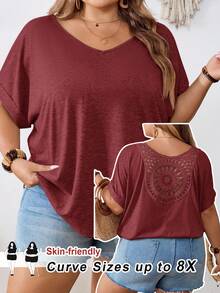 SHEIN CURVE+ 大码女式纯色露背V领蝙蝠袖短袖休闲T恤，适合夏季/乡村/海滩度假/沙滩装/沙滩服饰 - 紅木色 - 查看 8