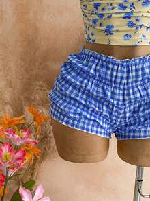 SHEIN WYWH Bộ đồ 2 món dành cho nữ: Áo lệch vai in họa tiết và quần short kẻ caro. - Nhiều màu - Xem 7