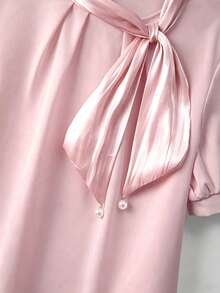 GlowEve CURVE Áo sơ mi satin thắt nơ cỡ lớn dành cho nữ, áo sơ mi voan trắng dáng rộng thanh lịch mùa hè mới dành cho nữ. - Bụi hồng - Xem 6