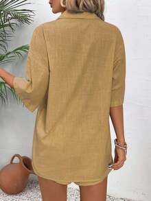 Hotletica Women's Vacation Casual Solid Color Shirt And Shorts 2 Pieces Set - Brown - View 2