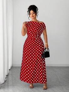 Elenzga Plus Size Women Summer Burgundy Autumn Elegant 1950s Vintage Wedding Polka Dot Dress, Oblique Collar French Retro Pleated Slim Fit Stylish Party - Red - View 6