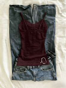 SHEIN Lace Patchwork Fitted Camisole Top For Women - Red Violet - View 2