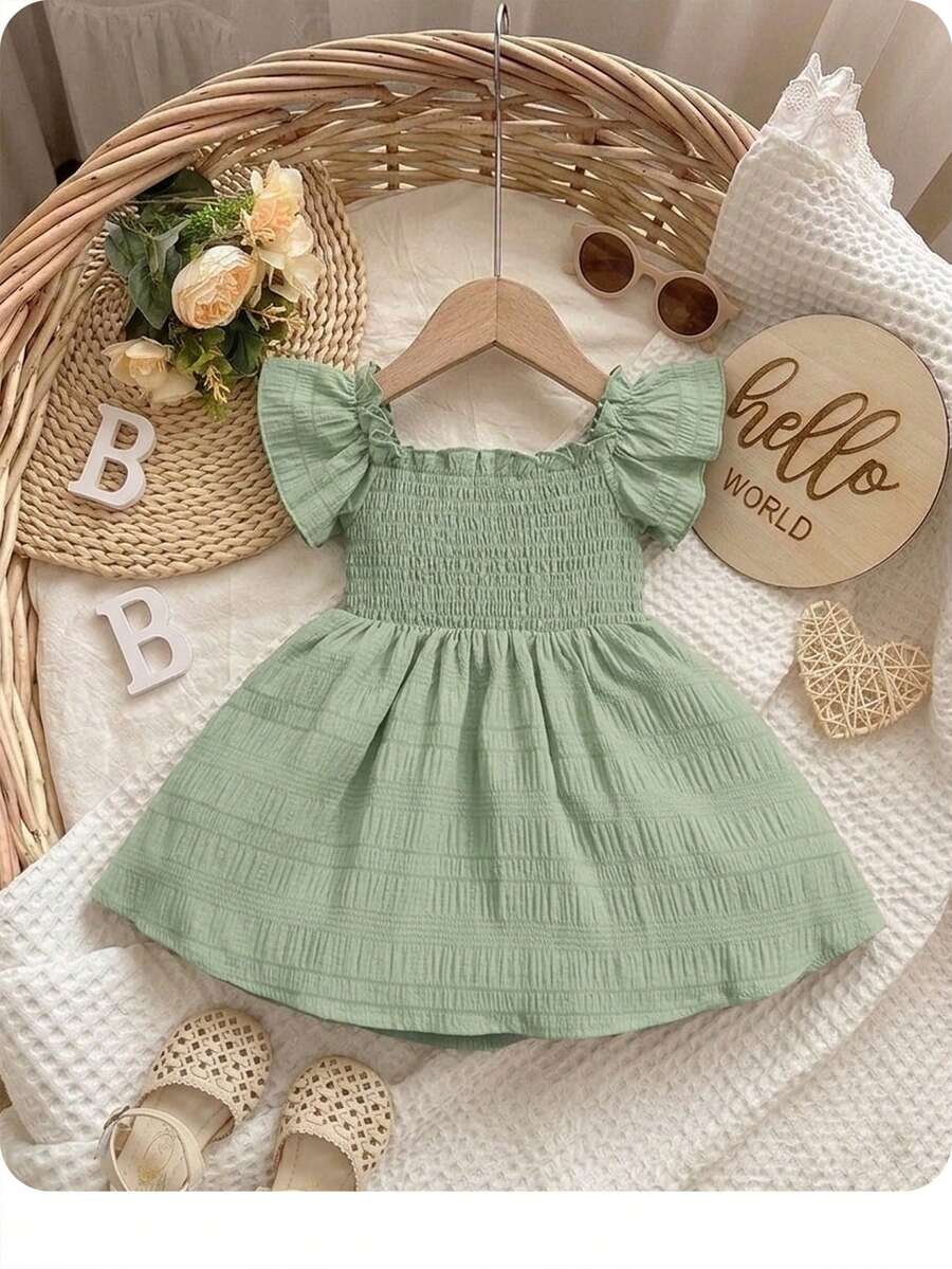 SHEIN Baby Girl Butterfly Sleeve Dress, Comfortable Cute Sweet Casual Dress Suitable For Summer - Mint Green - View 1