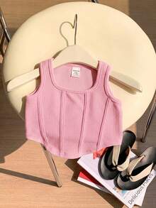 SHEIN 2件套女童休闲纯色无袖方领针织背心，夏季 - 彩色 - 查看 8