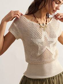 Bohemela Women's Minimalist Hollow-Out Five-Pointed Star Knit Top - Apricot - View 3