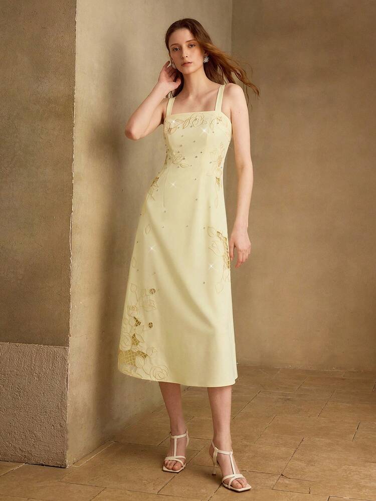 HOLLOW EMBROIDERED SPARKLING RHINESTONE ELEGANT MIDI DRESS