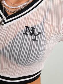 Zyxie 女士撞色透视V领短袖上衣 - 白色 - 查看 7