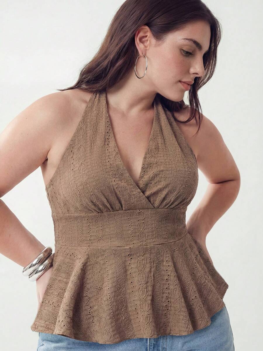 Solavibe Plus Size Women's Brown Boho Summer Vacation Hollow Eyelet Embroidery Halter Neck Peplum Top, Deep V Neck Ruffle Hem Sleeveless Blouse, Curve Outfits - Brown - View 1