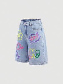 SHEIN Girlism 青少年女孩Y2K石洗休閒寬鬆高腰藍色寬版牛仔長短褲，印花花卉與字母圖案，女孩夏季波西米亞度假狂歡音樂會街頭風，百搭時尚，適合返校季與戶外街頭穿搭 - 淺色水洗藍 - 查看 5
